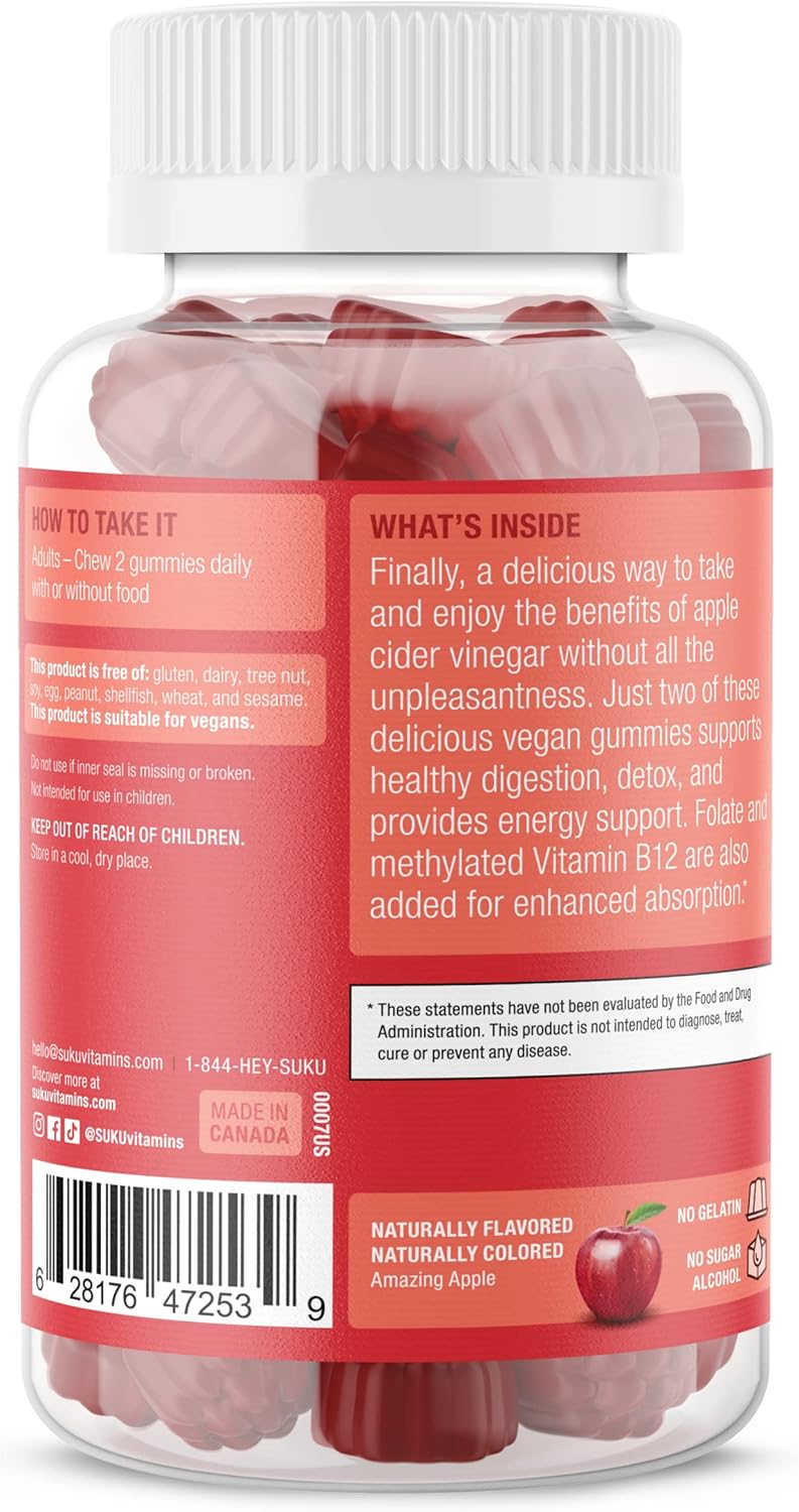 SUKU Vitamins Methylated B12 Apple Cider Vinegar Gummies - Apple Flavored, Non GMO - 50 Count
