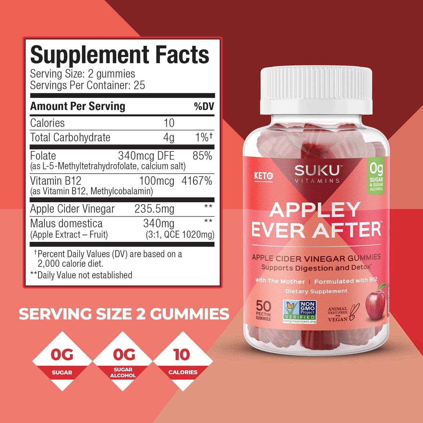SUKU Vitamins Methylated B12 Apple Cider Vinegar Gummies - Apple Flavored, Non GMO - 50 Count