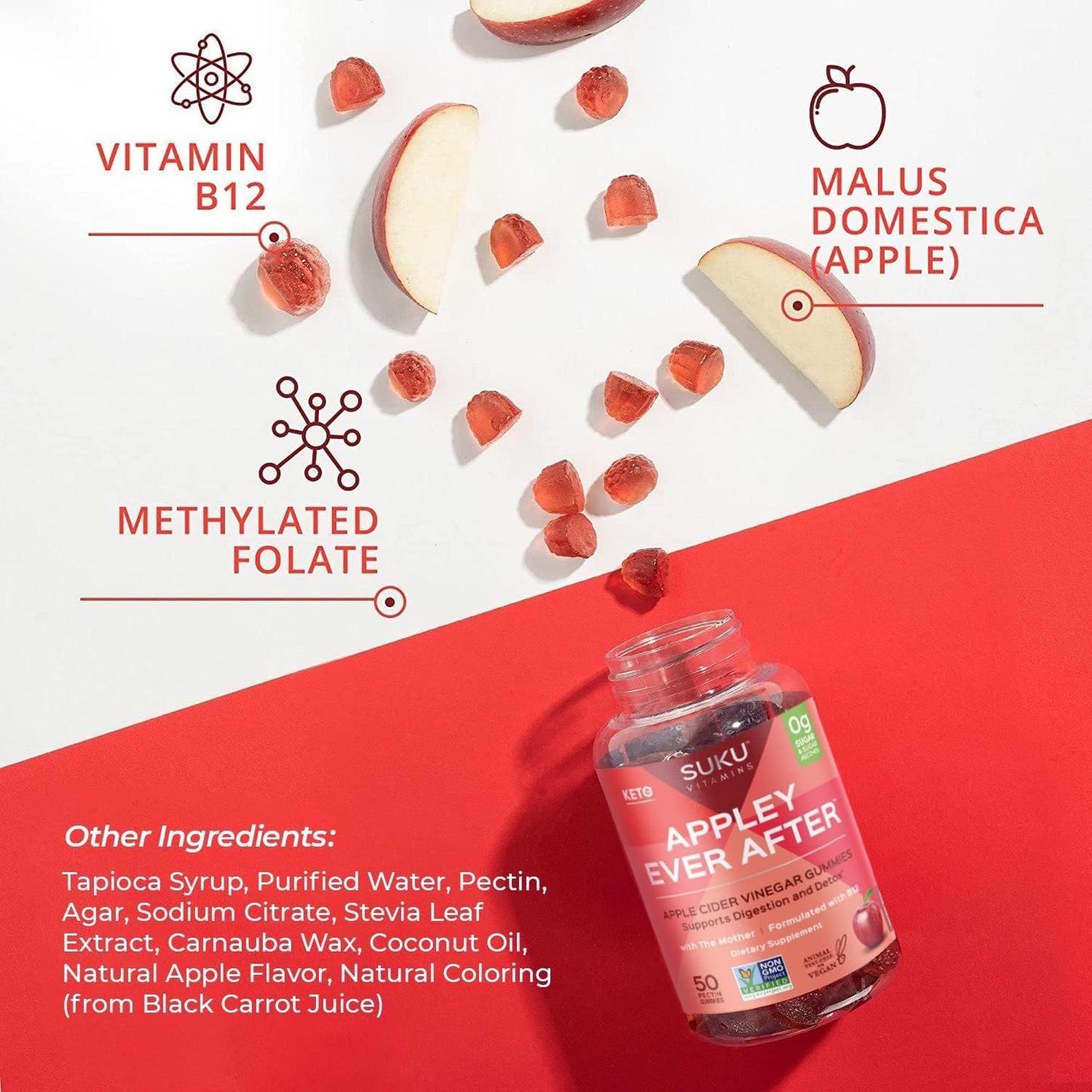 SUKU Vitamins Methylated B12 Apple Cider Vinegar Gummies - Apple Flavored, Non GMO - 50 Count