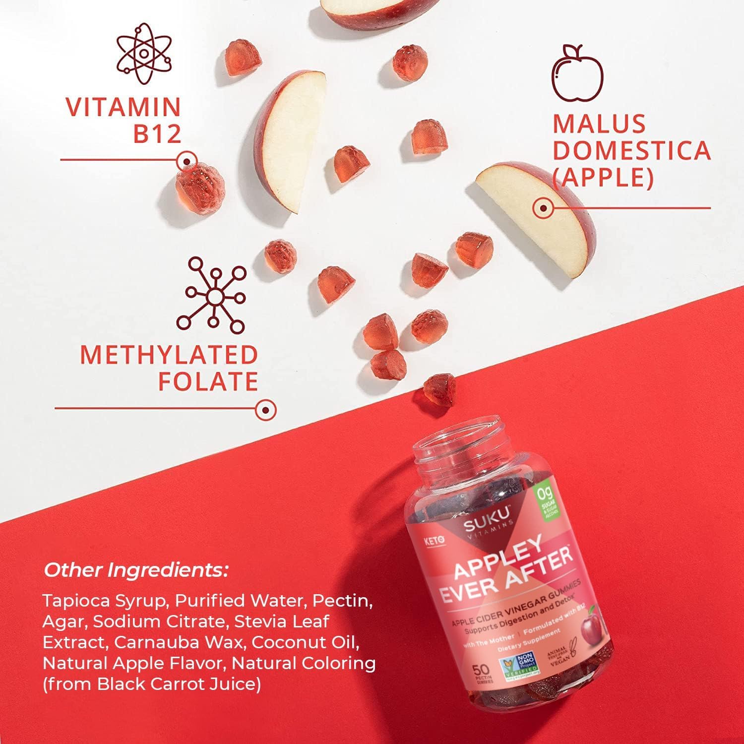 SUKU Vitamins Methylated B12 Apple Cider Vinegar Gummies - Apple Flavored, Non GMO - 50 Count