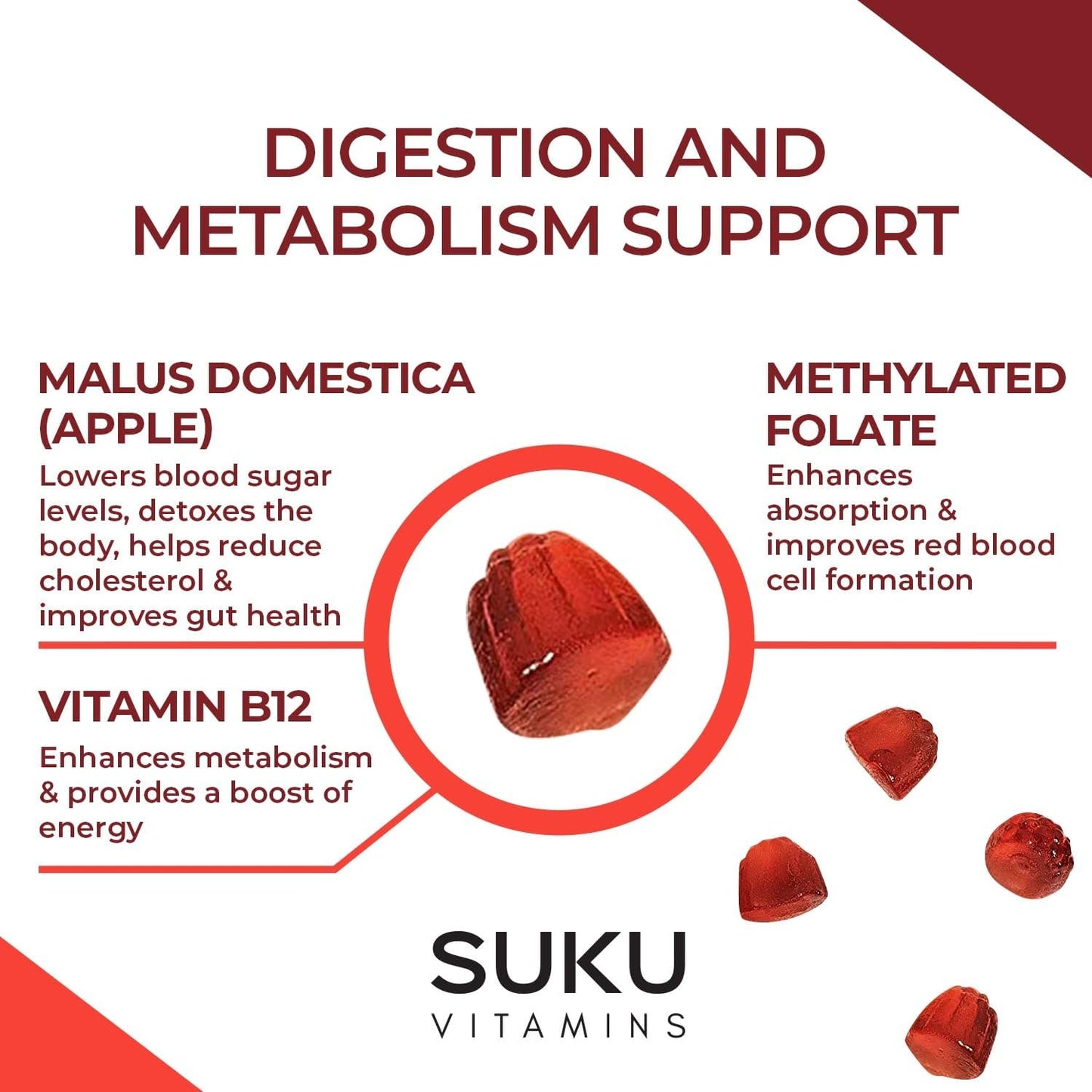 SUKU Vitamins Methylated B12 Apple Cider Vinegar Gummies - Apple Flavored, Non GMO - 50 Count