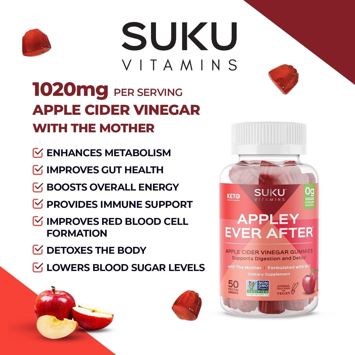SUKU Vitamins Methylated B12 Apple Cider Vinegar Gummies - Apple Flavored, Non GMO - 50 Count