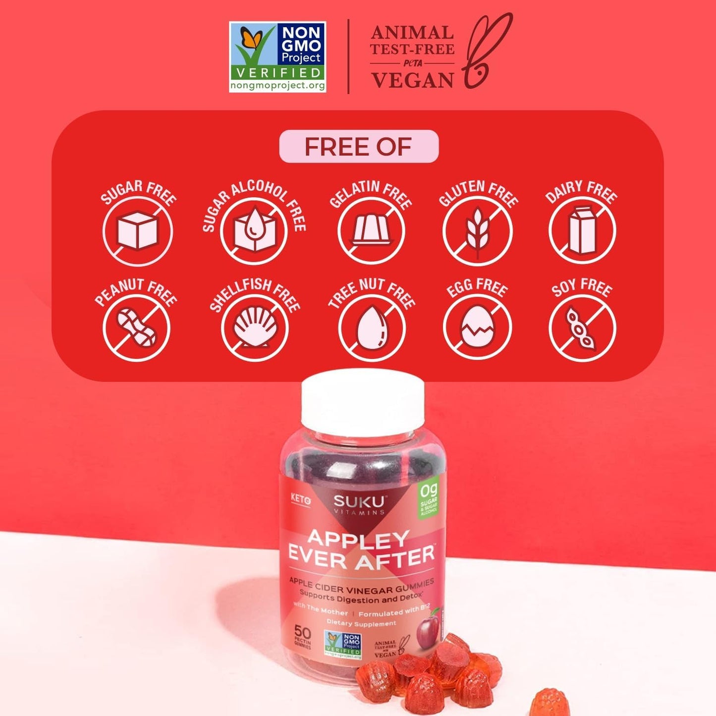 SUKU Vitamins Methylated B12 Apple Cider Vinegar Gummies - Apple Flavored, Non GMO - 50 Count