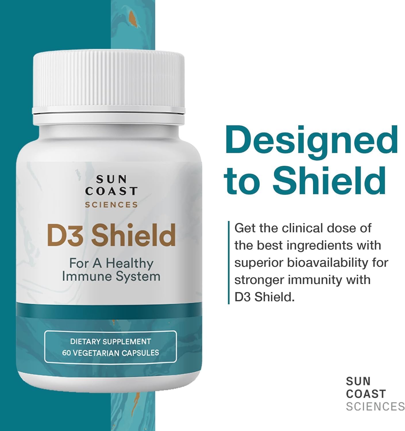 Sun Coast Sciences D3 Shield - High Potency Vitamin D3 for Immune Support and Bone Health - 60 Vegetarian Capsules with K2 and Calcium for Maximum Absorption