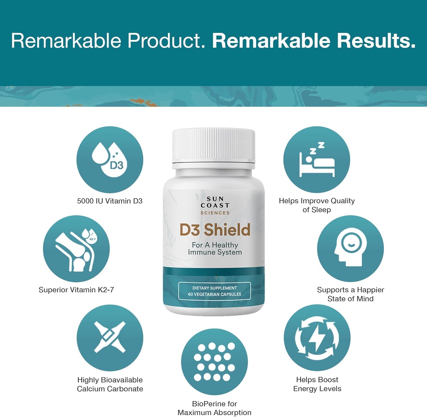 Sun Coast Sciences D3 Shield - High Potency Vitamin D3 for Immune Support and Bone Health - 60 Vegetarian Capsules with K2 and Calcium for Maximum Absorption