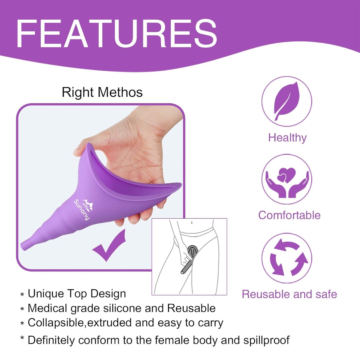 Sunany Portable Female Urinal with Silicone Funnel - Reusable and Ideal for Outdoor Activities, Camping, and Travel