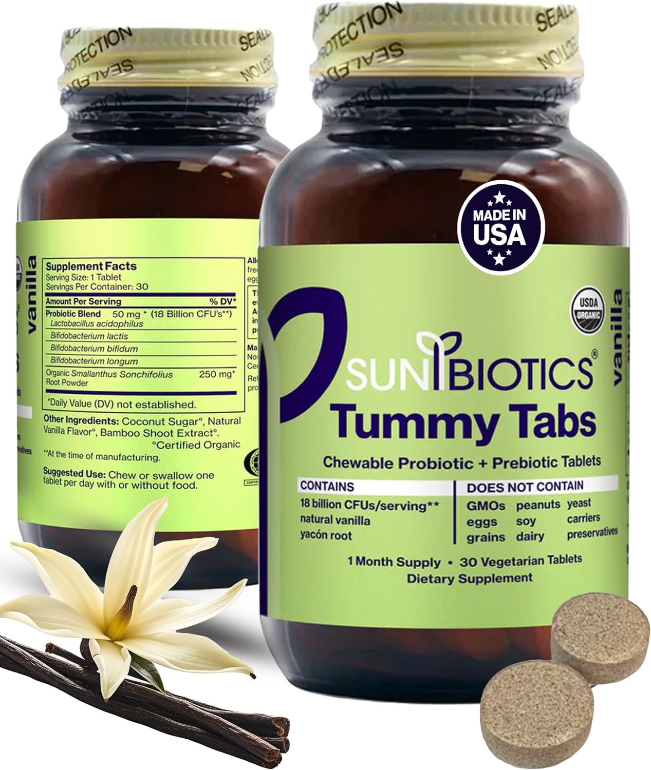 Sunbiotics Vanilla Tummy Tabs - Chewable Probiotic Tablets with 18 Billion CFUs - Supports Gut Health, Immunity, and Microbiome Balance