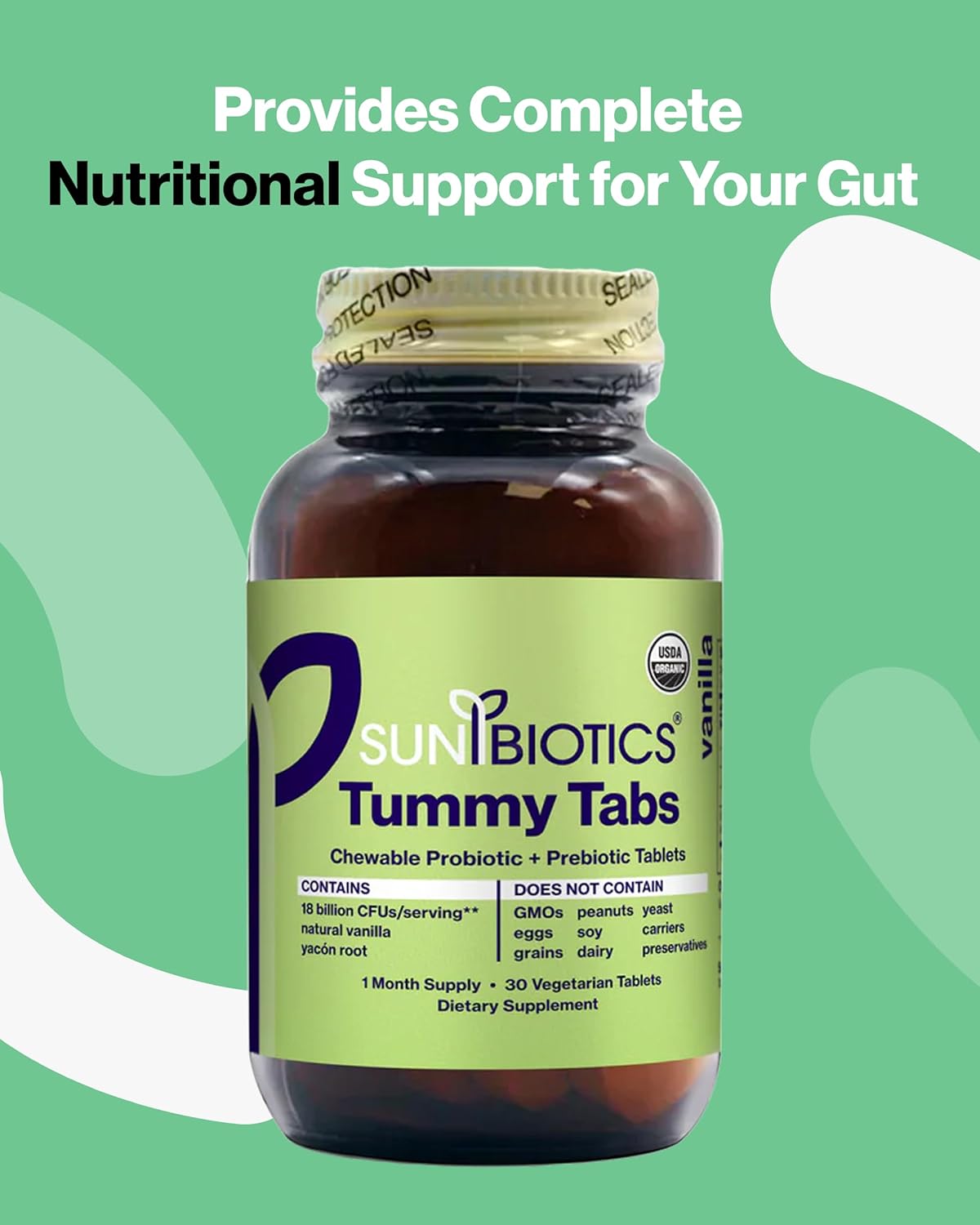 Sunbiotics Vanilla Tummy Tabs - Chewable Probiotic Tablets with 18 Billion CFUs - Supports Gut Health, Immunity, and Microbiome Balance