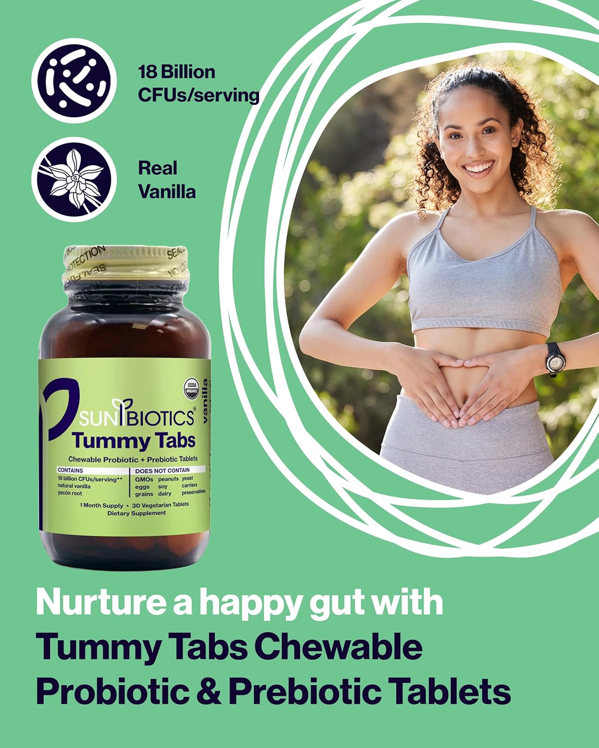 Sunbiotics Vanilla Tummy Tabs - Chewable Probiotic Tablets with 18 Billion CFUs - Supports Gut Health, Immunity, and Microbiome Balance