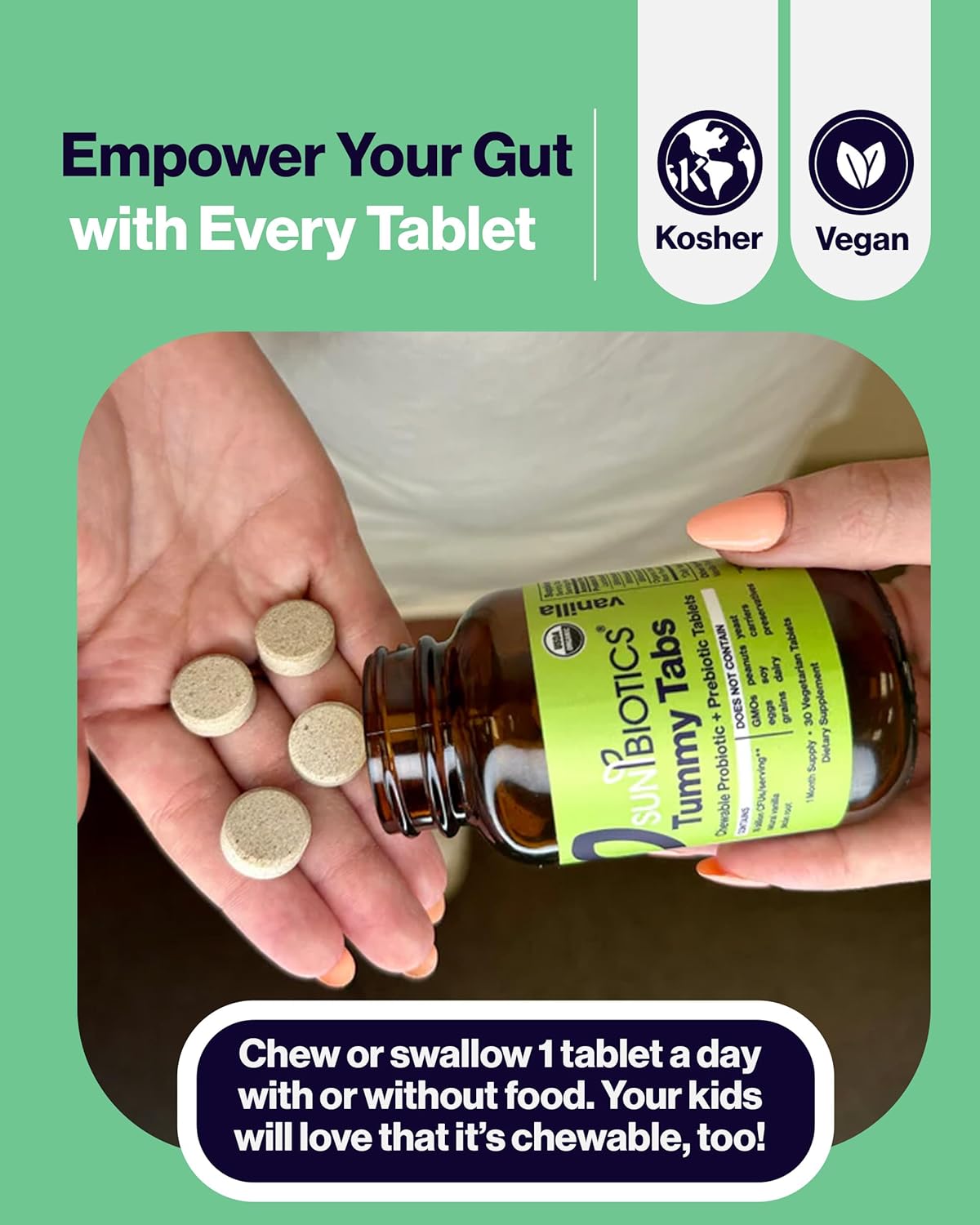 Sunbiotics Vanilla Tummy Tabs - Chewable Probiotic Tablets with 18 Billion CFUs - Supports Gut Health, Immunity, and Microbiome Balance