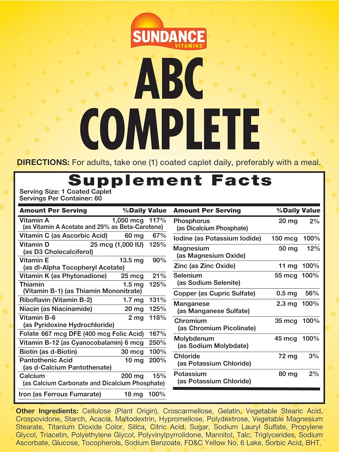 Sundance ABC Complete Multivitamin with Iron 60 Caplets for Women & Men - Mineral Formula - Non-GMO & Gluten Free