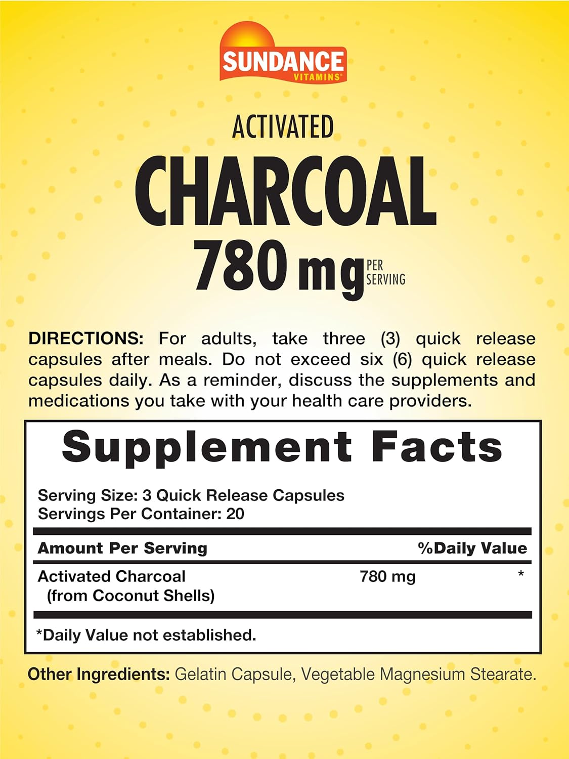 Sundance Activated Charcoal Capsules - 780mg, 60 Quick Release, Non-GMO & Gluten Free Absorbent Supplement