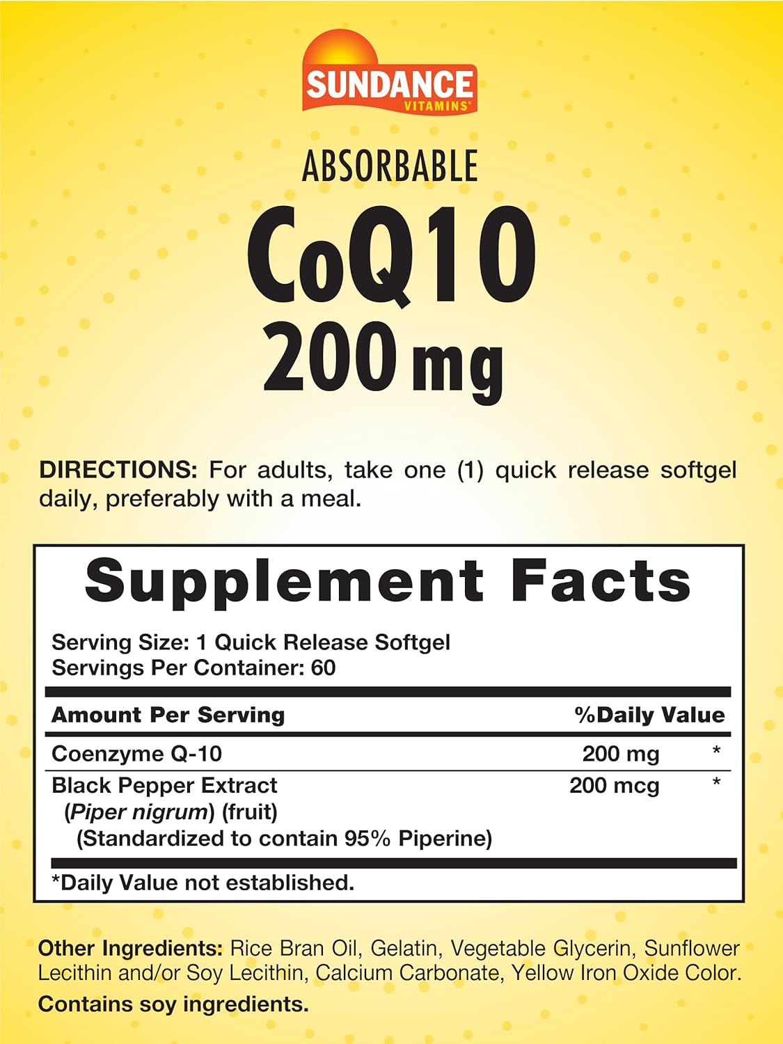 Sundance CoQ10 200mg Softgels with Black Pepper Extract - Non-GMO & Gluten Free (60 Count)