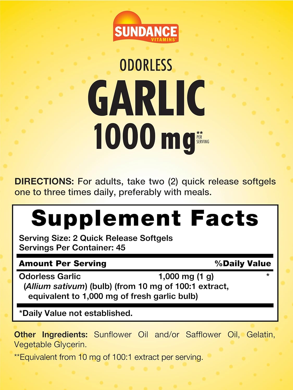 Sundance Odorless Garlic Softgels 1000mg 90 Count Non-GMO Gluten Free Supplement