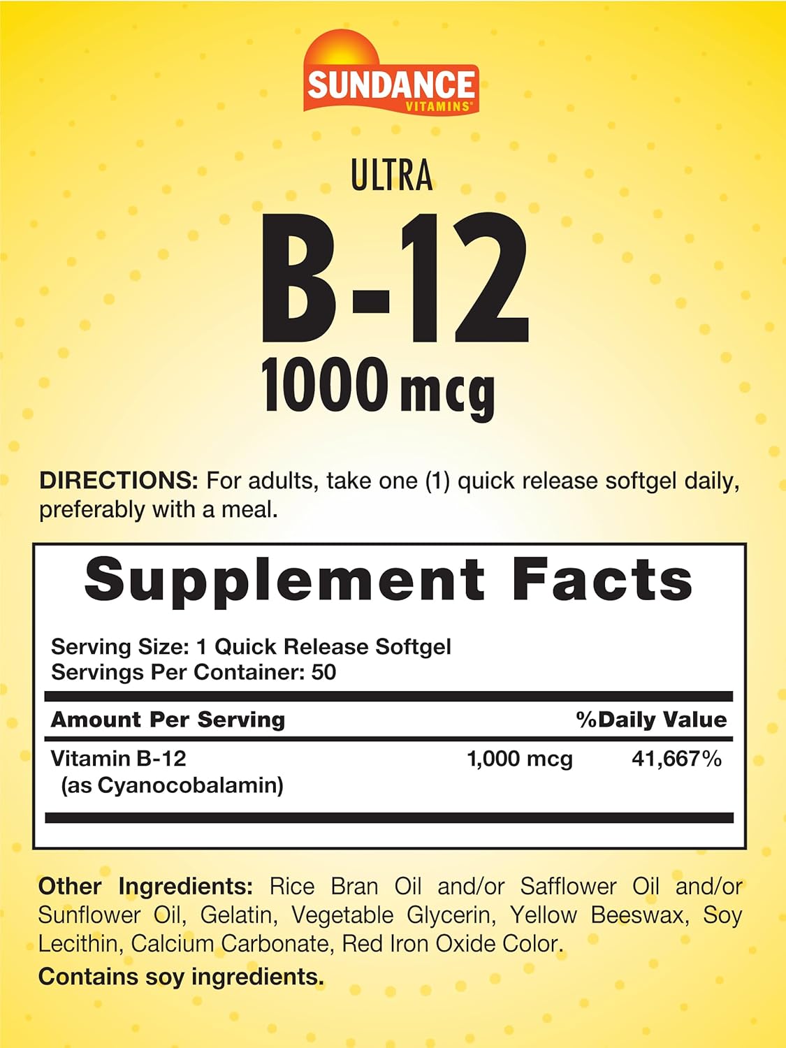 Sundance Vitamin B12 1000 mcg Quick Release Softgels - Non-GMO & Gluten Free Supplement