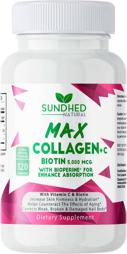 Sundhed Natural Collagen Plus Capsules - Anti Aging & Hydration Boost with Biotin & Bioperine - Strengthen Bones & Nails - 2-Month Supply (120 Count)