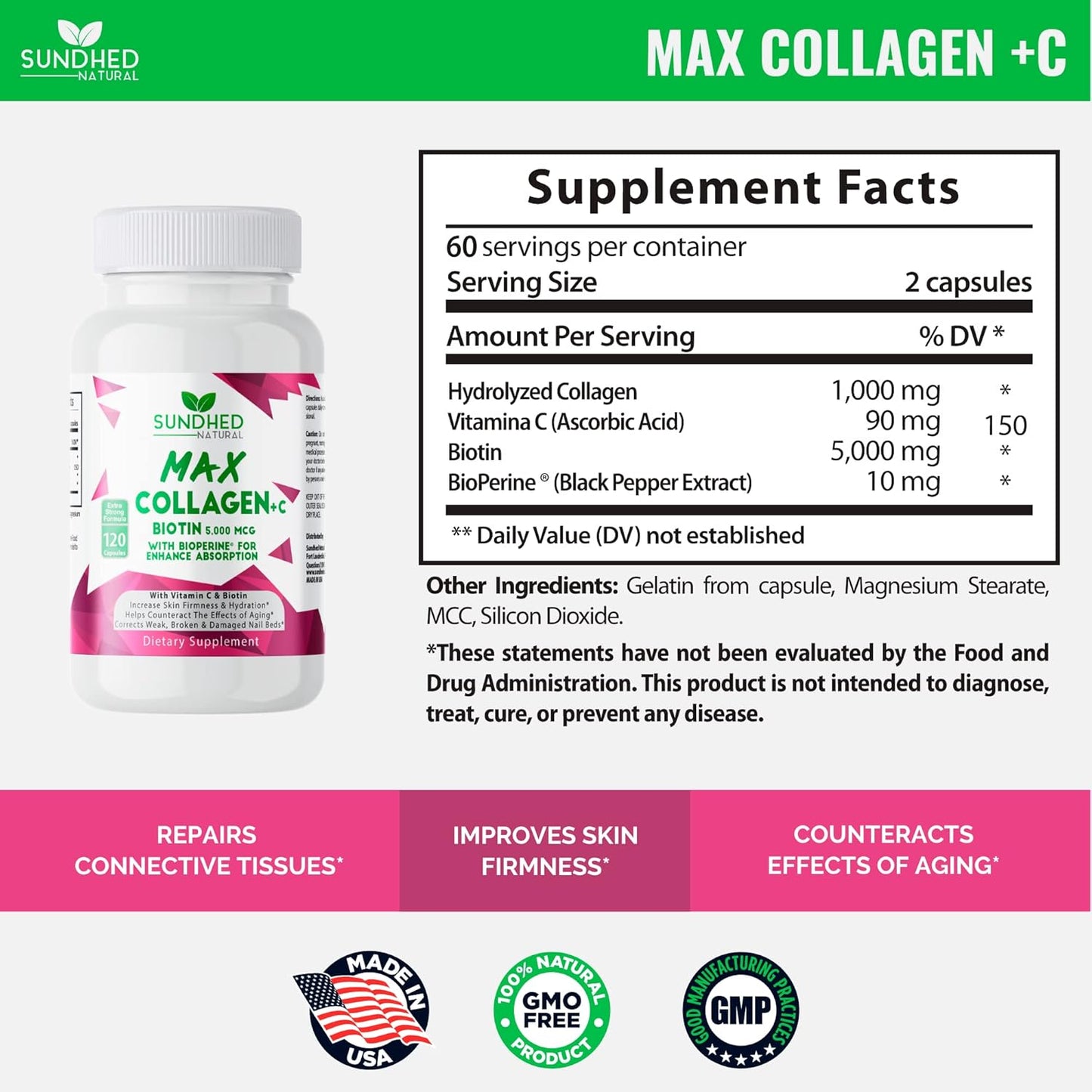 Sundhed Natural Collagen Plus Capsules - Anti Aging & Hydration Boost with Biotin & Bioperine - Strengthen Bones & Nails - 2-Month Supply (120 Count)