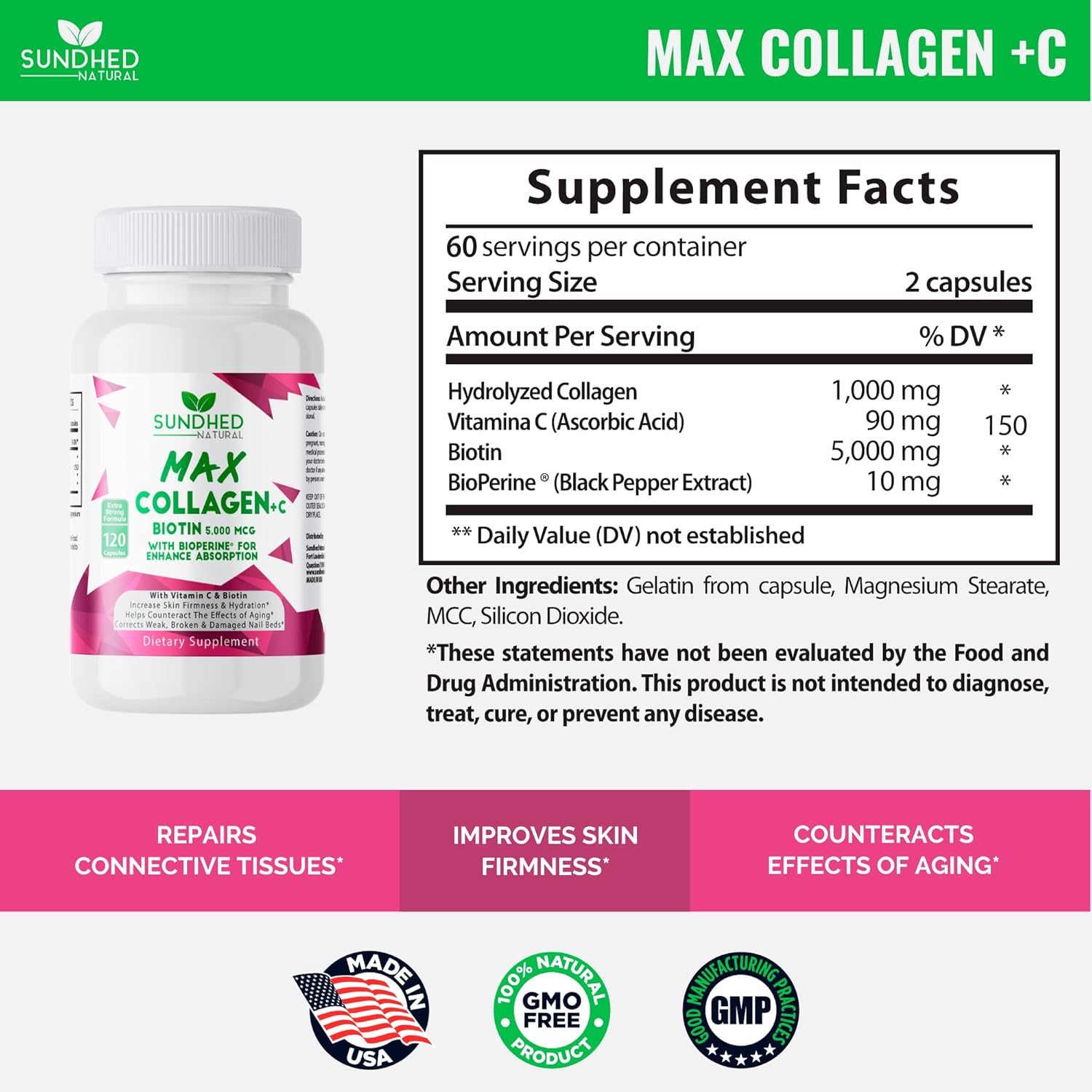 Sundhed Natural Collagen Plus Capsules - Anti Aging & Hydration Boost with Biotin & Bioperine - Strengthen Bones & Nails - 2-Month Supply (120 Count)