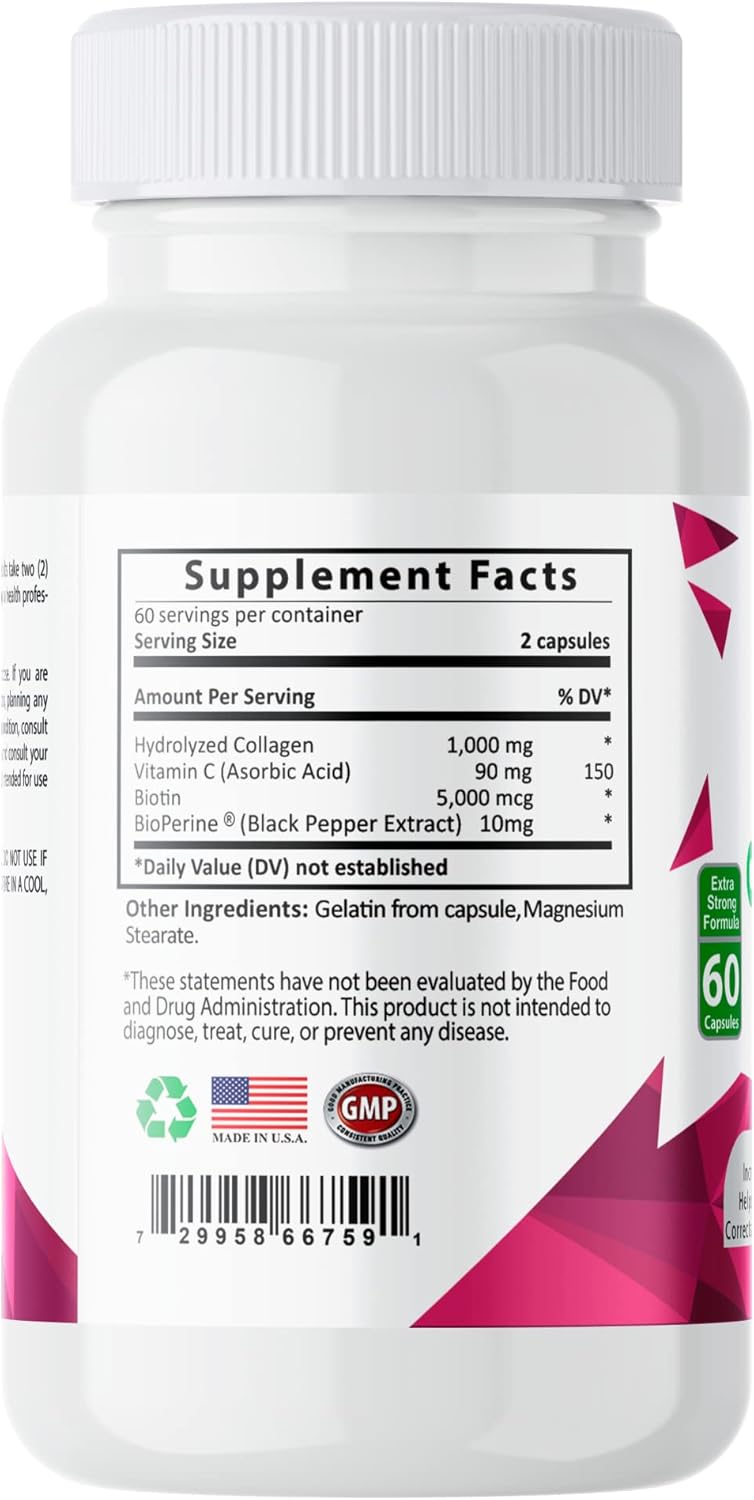 Sundhed Natural Collagen Plus Capsules - Anti Aging & Hydration Boost with Biotin & Bioperine - Strengthen Bones & Nails - 2-Month Supply (120 Count)