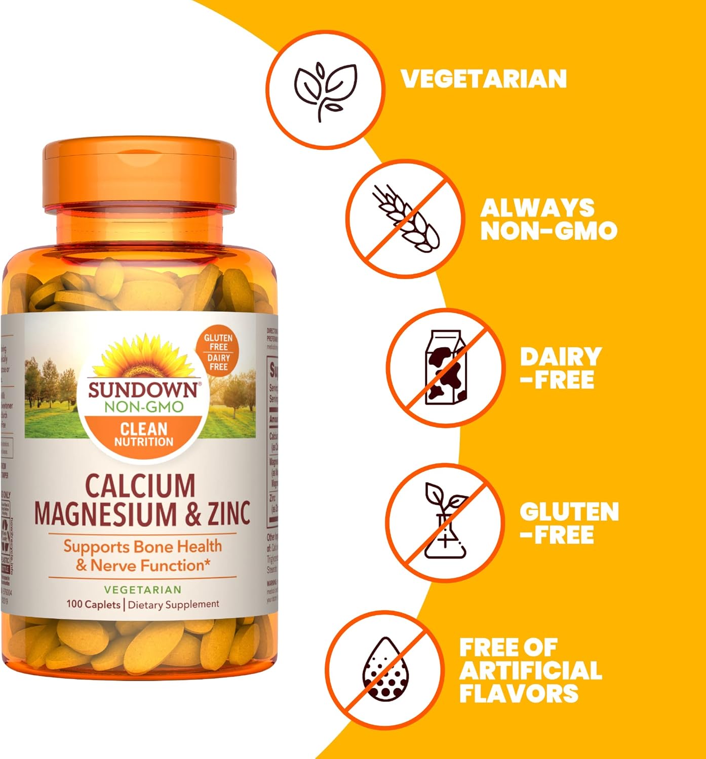Sundown Calcium Magnesium Zinc Caplets for Immune, Bone, and Nerve Health - 100 Count