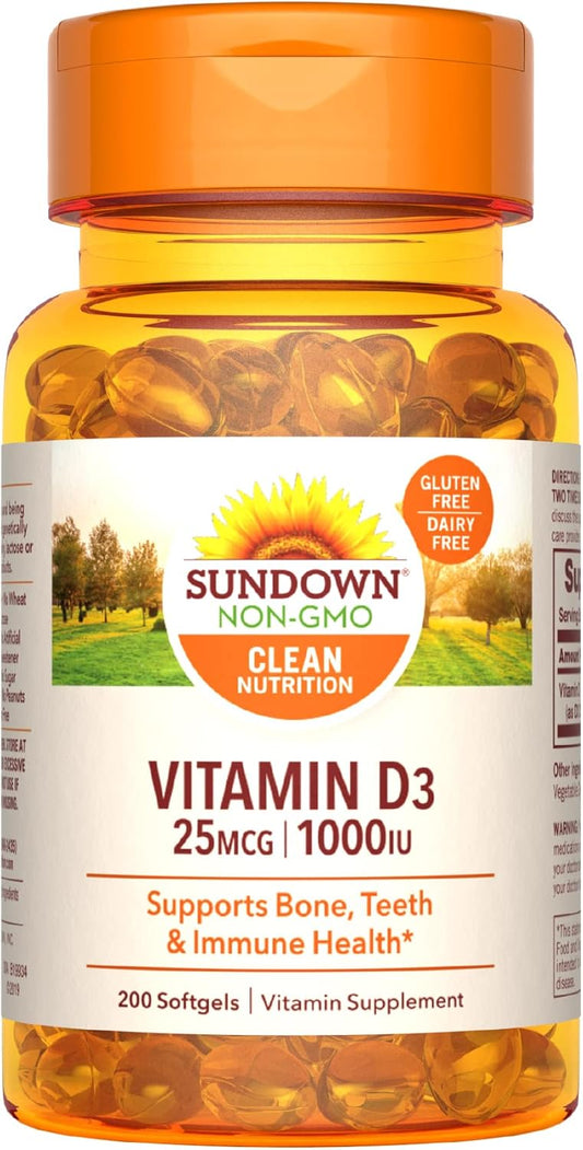 Sundown Vitamin D3 1000 IU Softgels for Bone, Teeth, and Immune Health - 200 Count - BoostGo Australia