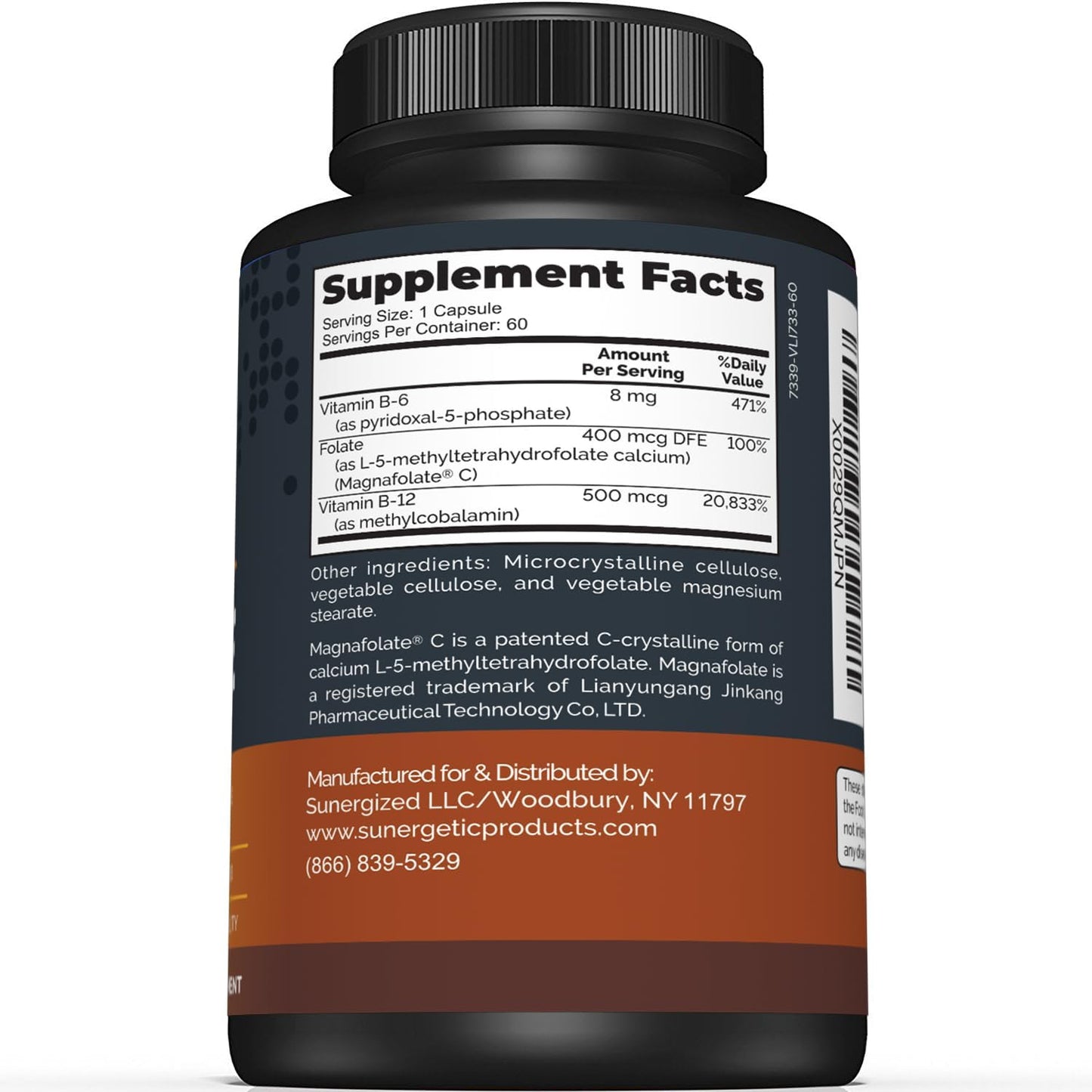 Sunergetic Methyl Folate Supplement with Vitamin B12 & B6 - Magnafolate - 400mcg per Capsule - 60 Capsules