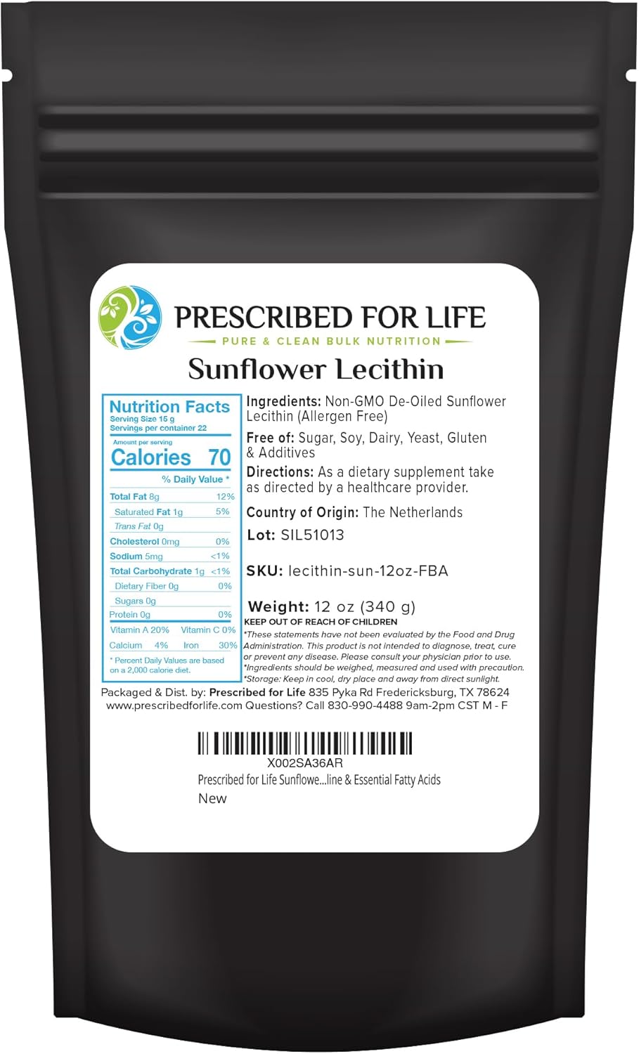 Sunflower Lecithin Powder - Unbleached, Gluten-Free, Vegan, Non-GMO, Soy-Free - Kosher, Rich in Choline & Essential Fatty Acids - 12oz