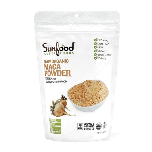 Sunfood Organic Maca Powder - Premium Peruvian Maca Root Supplement with Adaptogens for Men & Women - 8 Oz Bag