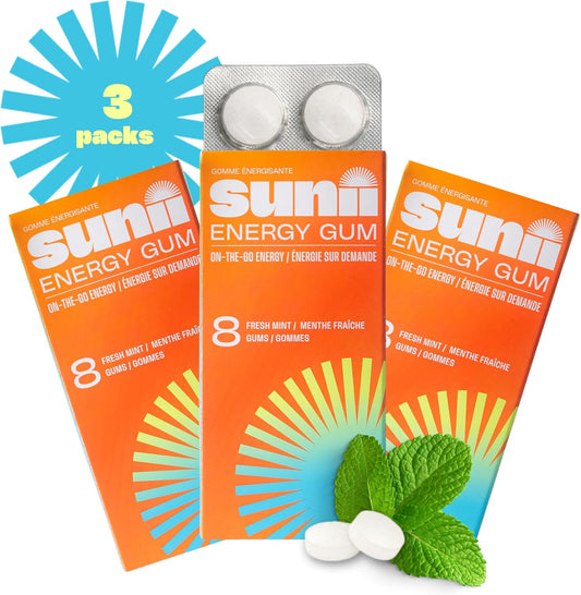 Sunii Energy Gum: Quick Boost Vegan Caffeine Gum with Vitamins B6 & B12, Taurine - 24pcs, Fresh Mint Taste