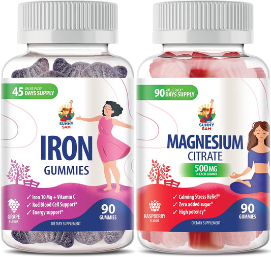 SUNNY SAM Magnesium and Iron Gummies with Vitamin C for Adults - 500mg Magnesium & Iron Vitamins