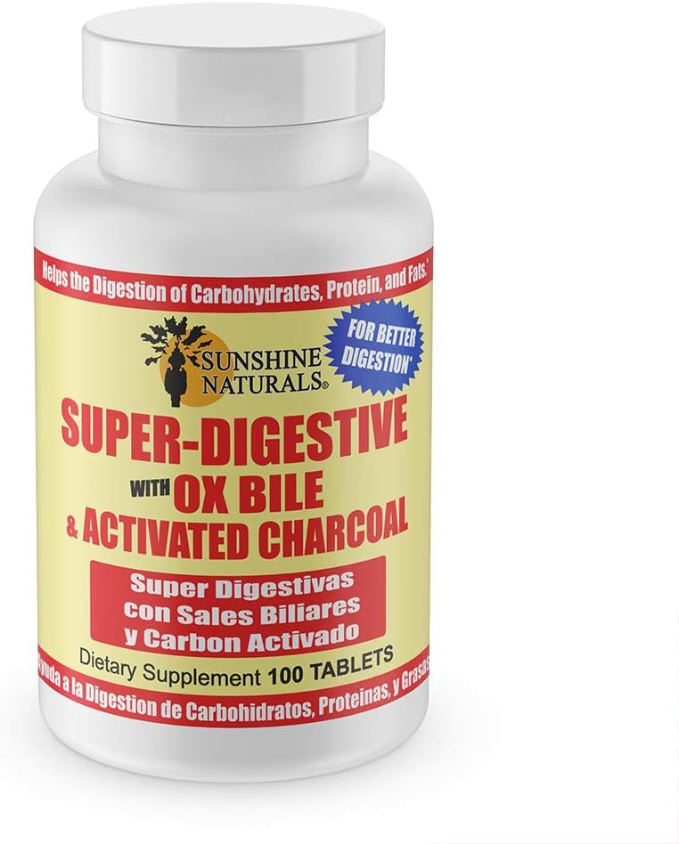 Sunshine Naturals Digestive Support Supplement with Ox Bile & Activated Charcoal - 100 Tablets (Pack of 3) for Bloating Relief, Gut Cleanse, and Nutrient Absorption