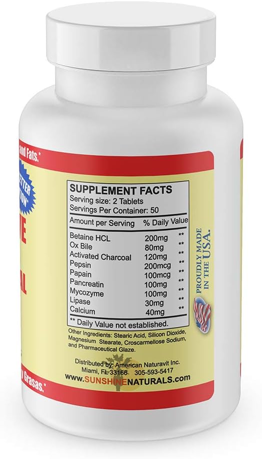Sunshine Naturals Digestive Support Supplement with Ox Bile & Activated Charcoal - 100 Tablets (Pack of 3) for Bloating Relief, Gut Cleanse, and Nutrient Absorption