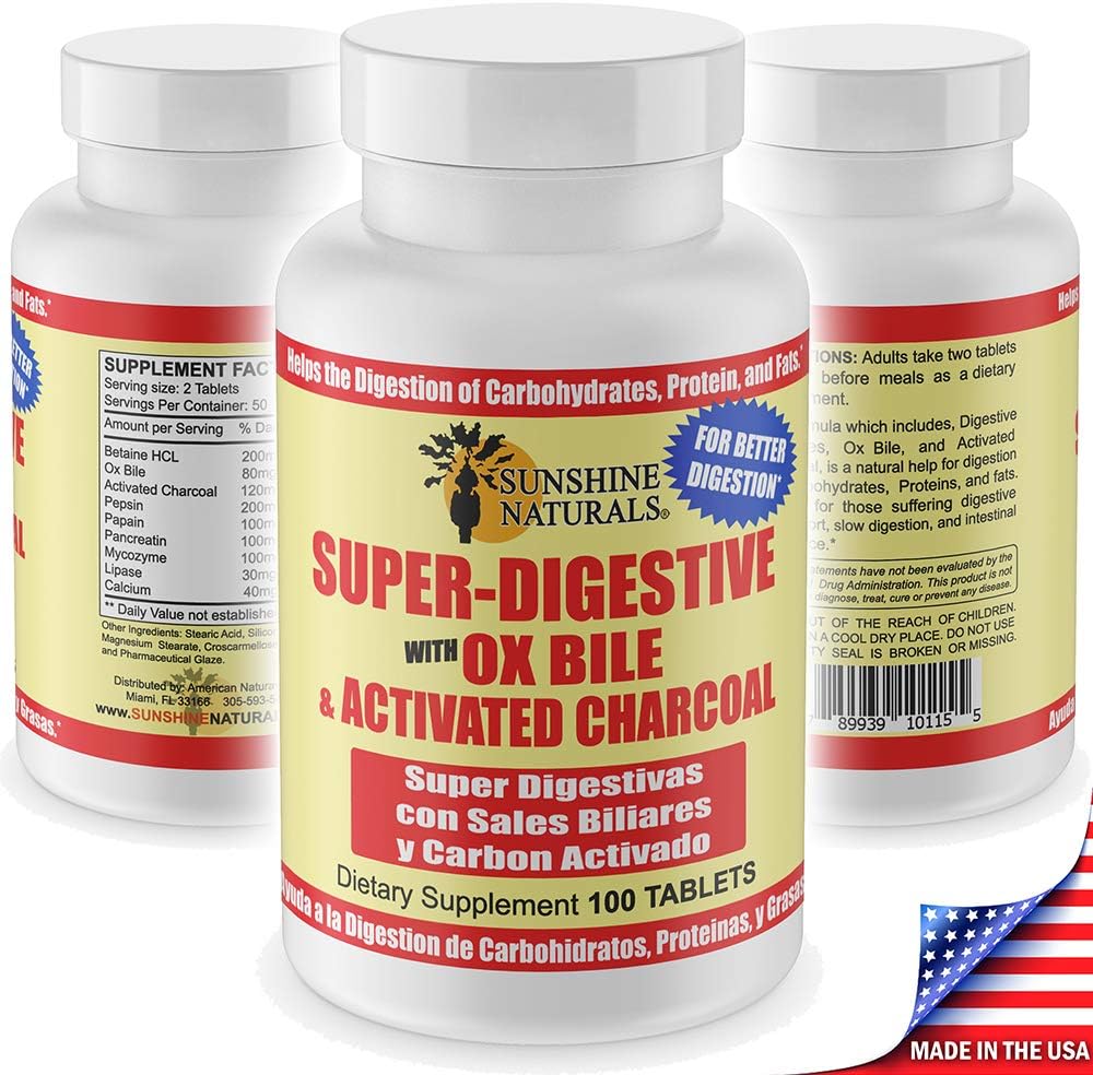 Sunshine Naturals Digestive Support Supplement with Ox Bile & Activated Charcoal - 100 Tablets (Pack of 3) for Bloating Relief, Gut Cleanse, and Nutrient Absorption