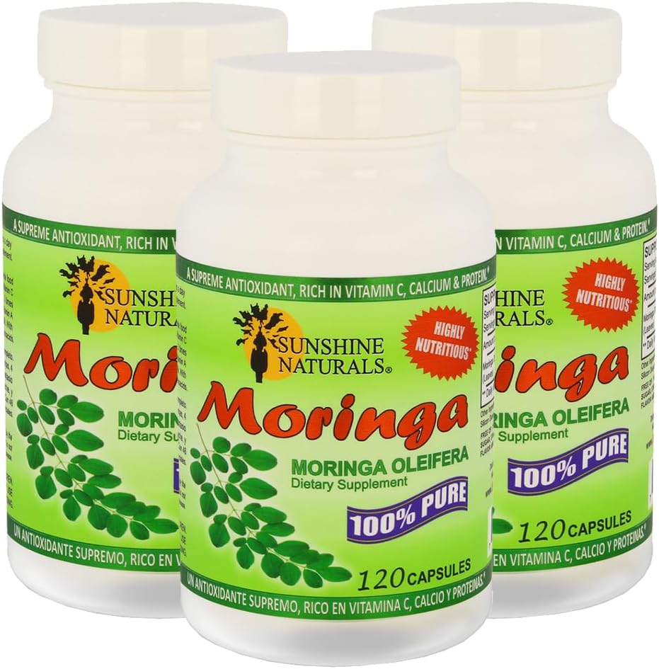Sunshine Naturals Moringa Dietary Supplement - Immune System Support, Energy Boost, Antioxidant Aid, Nutrient-Rich Superfood - Promotes Digestion and Heart Health - 120 Capsules x 3 Pack