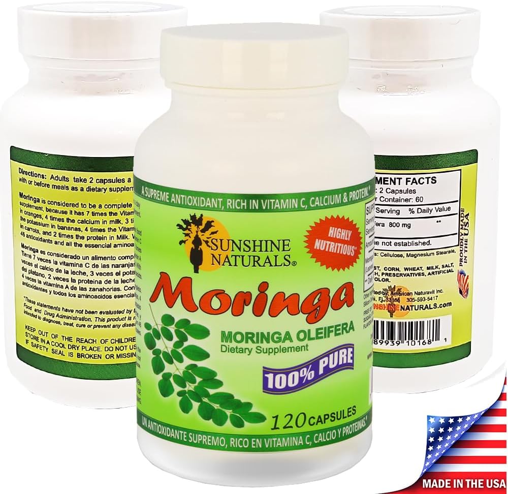 Sunshine Naturals Moringa Dietary Supplement - Immune System Support, Energy Boost, Antioxidant Aid, Nutrient-Rich Superfood - Promotes Digestion and Heart Health - 120 Capsules x 3 Pack