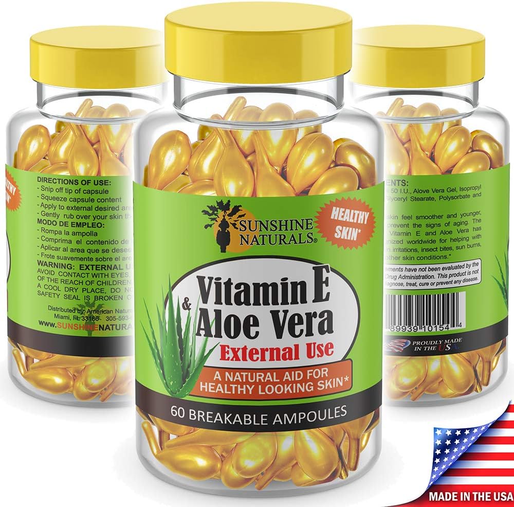 Sunshine Naturals Vitamin E and Aloe Vera Moisturizer: Hydrating Formula for Dry Skin, Nourishment, and Skin Elasticity. 60 Vials, Pack of 3 for Soft, Healthy-Looking Skin