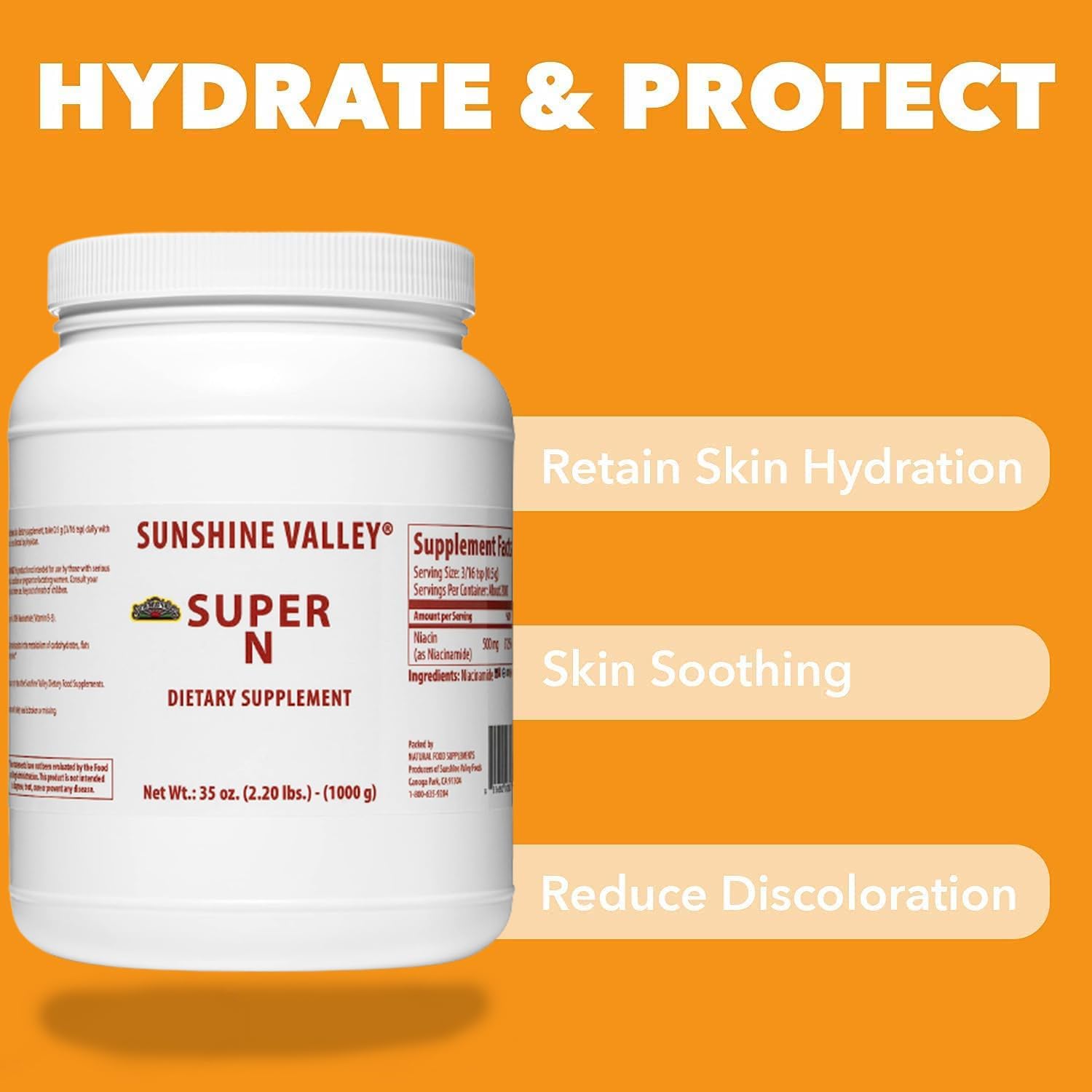 Sunshine Valley Super N Niacinamide Powder (35 oz) - Niacin Vitamin B3 Supplement for Energy, Digestion, Anti-Aging & Skin - Natural & Gluten-Free