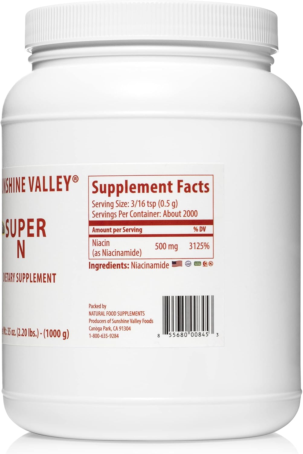 Sunshine Valley Super N Niacinamide Powder (35 oz) - Niacin Vitamin B3 Supplement for Energy, Digestion, Anti-Aging & Skin - Natural & Gluten-Free