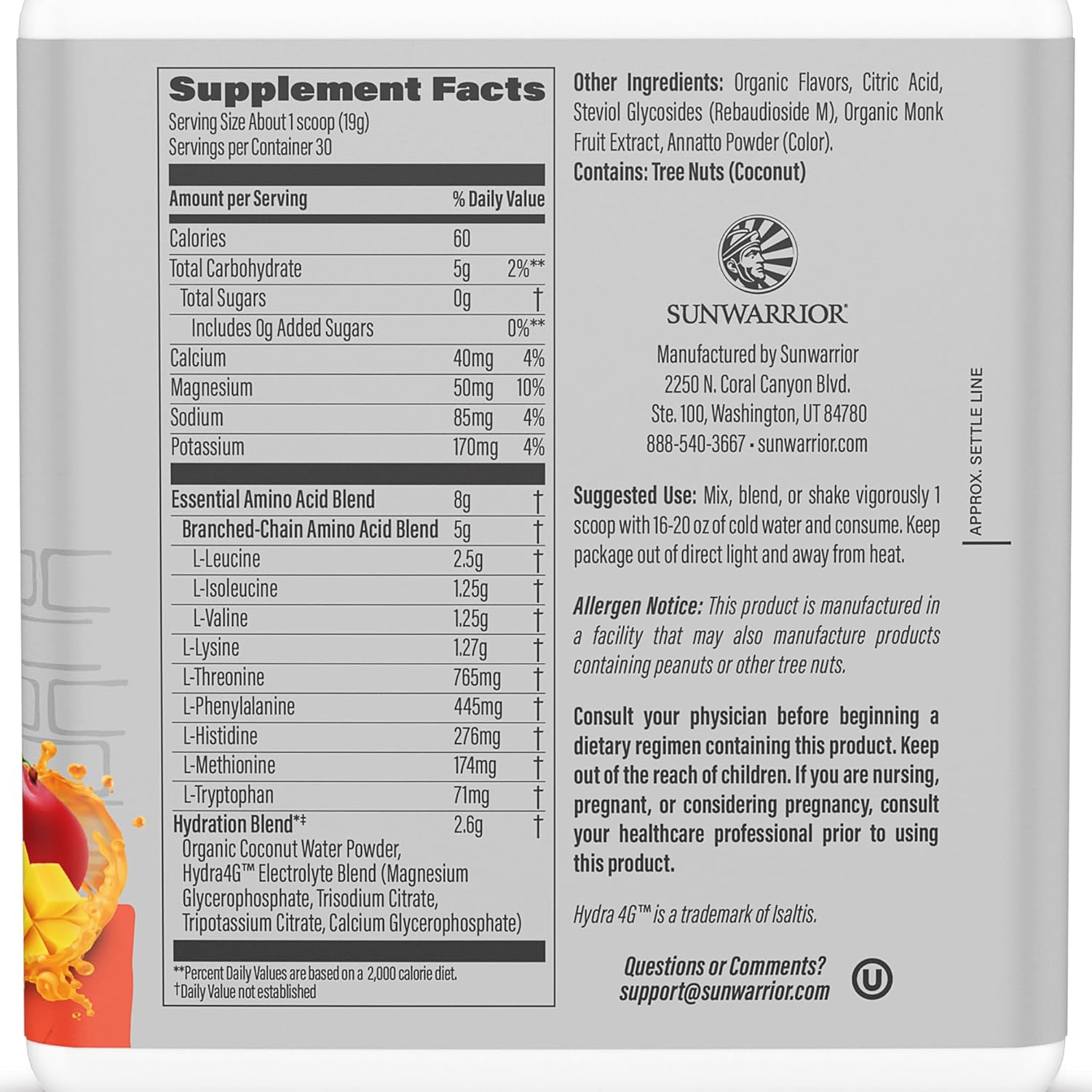 Sunwarrior Active Aminos Mango Flavor Powder - Essential Amino Acids for Muscle Repair and Recovery, Hydration and Endurance - 30 Servings