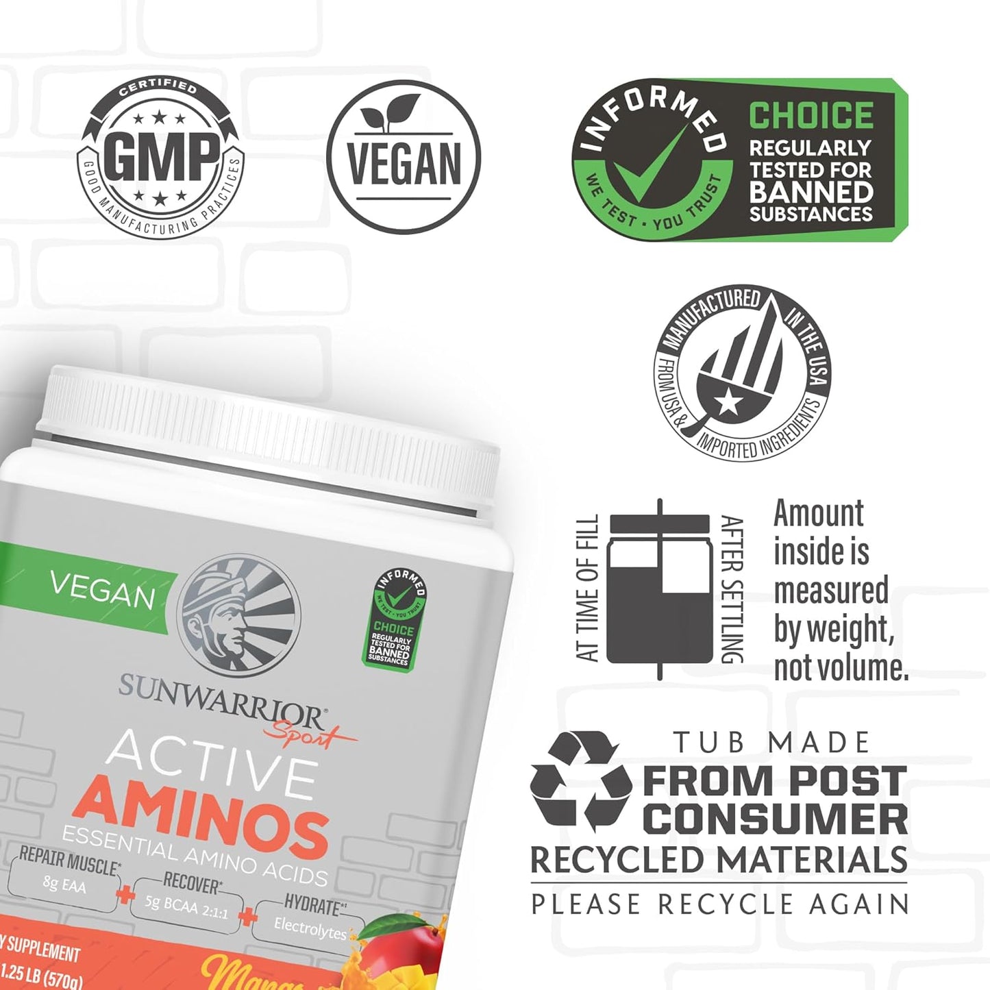 Sunwarrior Active Aminos Mango Flavor Powder - Essential Amino Acids for Muscle Repair and Recovery, Hydration and Endurance - 30 Servings