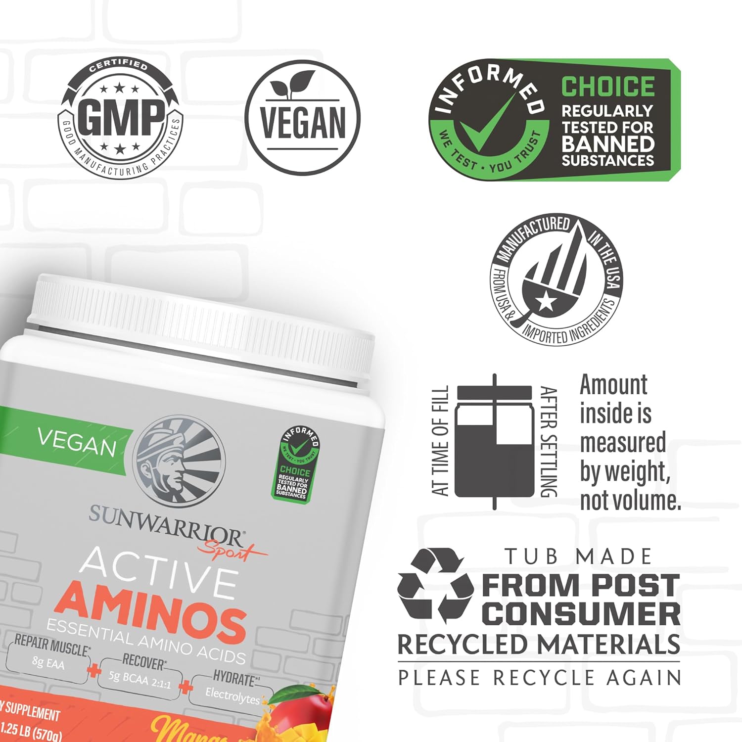 Sunwarrior Active Aminos Mango Flavor Powder - Essential Amino Acids for Muscle Repair and Recovery, Hydration and Endurance - 30 Servings