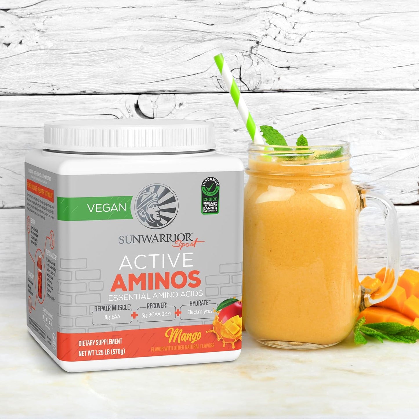 Sunwarrior Active Aminos Mango Flavor Powder - Essential Amino Acids for Muscle Repair and Recovery, Hydration and Endurance - 30 Servings
