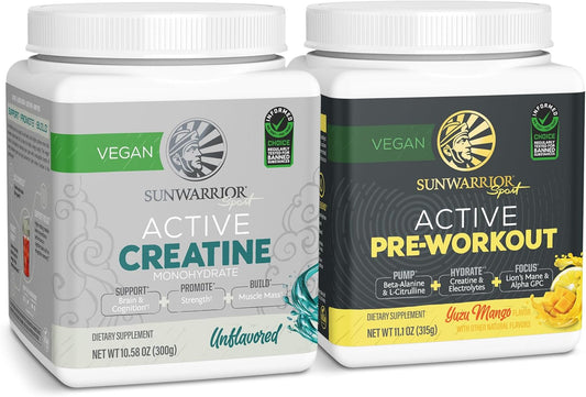 Sunwarrior Creatine Monohydrate & Pre-Workout Powder Bundle - Yuzu Mango Flavor, 60 Servings