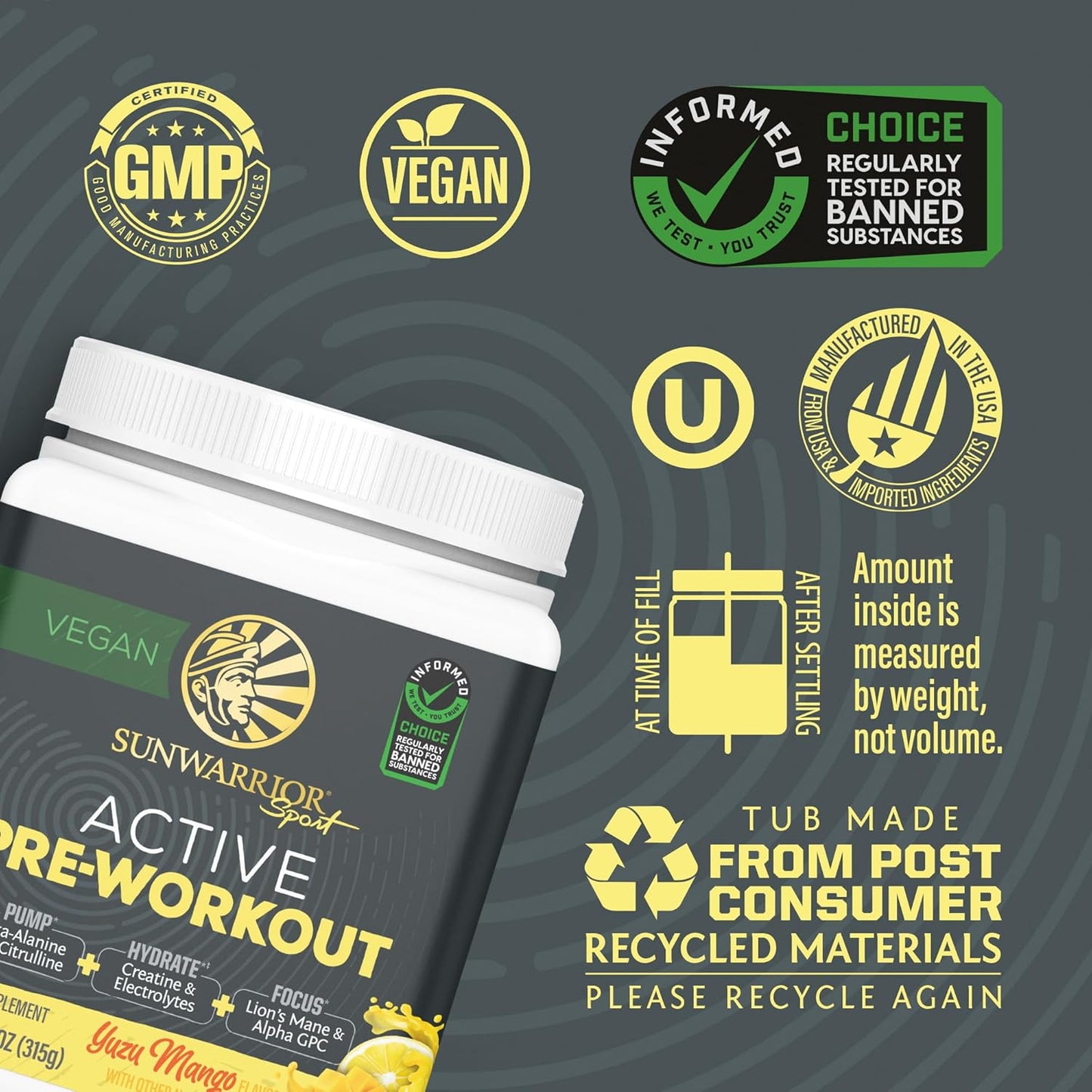Sunwarrior Creatine Monohydrate & Pre-Workout Powder Bundle - Yuzu Mango Flavor, 60 Servings