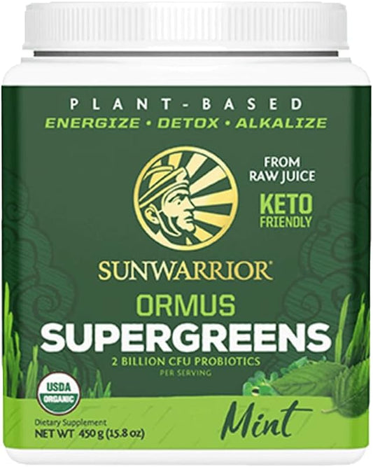 Sunwarrior Mint Organic Greens Probiotic Powder | 2 Billion CFU Probiotics | Raw Juice Blend | Soy, Gluten, Dairy, and Sugar Free | Kosher | 90 Servings | Ormus Supergreens