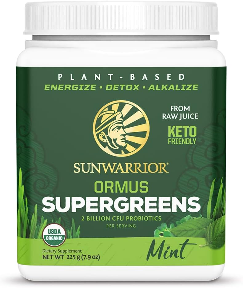 Sunwarrior Mint Organic Greens Probiotic Powder | 2 Billion CFU Probiotics | Raw Juice, Soy Free, Gluten Free, Dairy Free, Sugar Free | 45 Servings | Ormus Supergreens