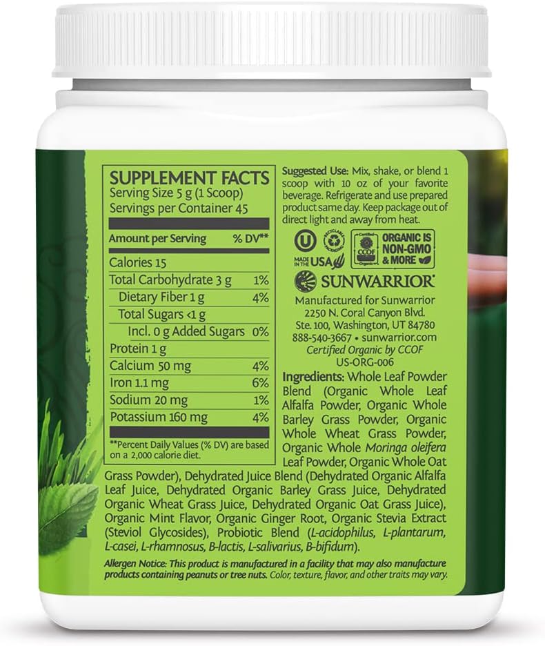 Sunwarrior Mint Organic Greens Probiotic Powder | 2 Billion CFU Probiotics | Raw Juice, Soy Free, Gluten Free, Dairy Free, Sugar Free | 45 Servings | Ormus Supergreens