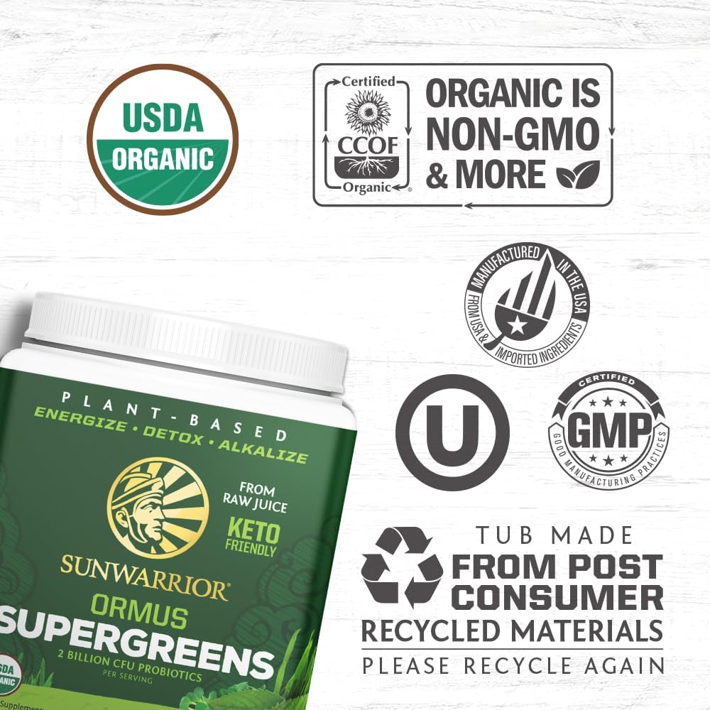 Sunwarrior Mint Organic Greens Probiotic Powder | 2 Billion CFU Probiotics | Raw Juice, Soy Free, Gluten Free, Dairy Free, Sugar Free | 45 Servings | Ormus Supergreens