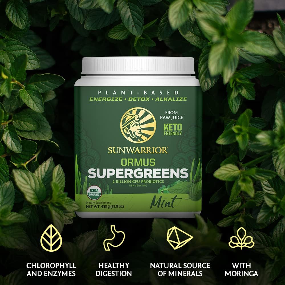 Sunwarrior Mint Organic Greens Probiotic Powder | 2 Billion CFU Probiotics | Raw Juice, Soy Free, Gluten Free, Dairy Free, Sugar Free | 45 Servings | Ormus Supergreens