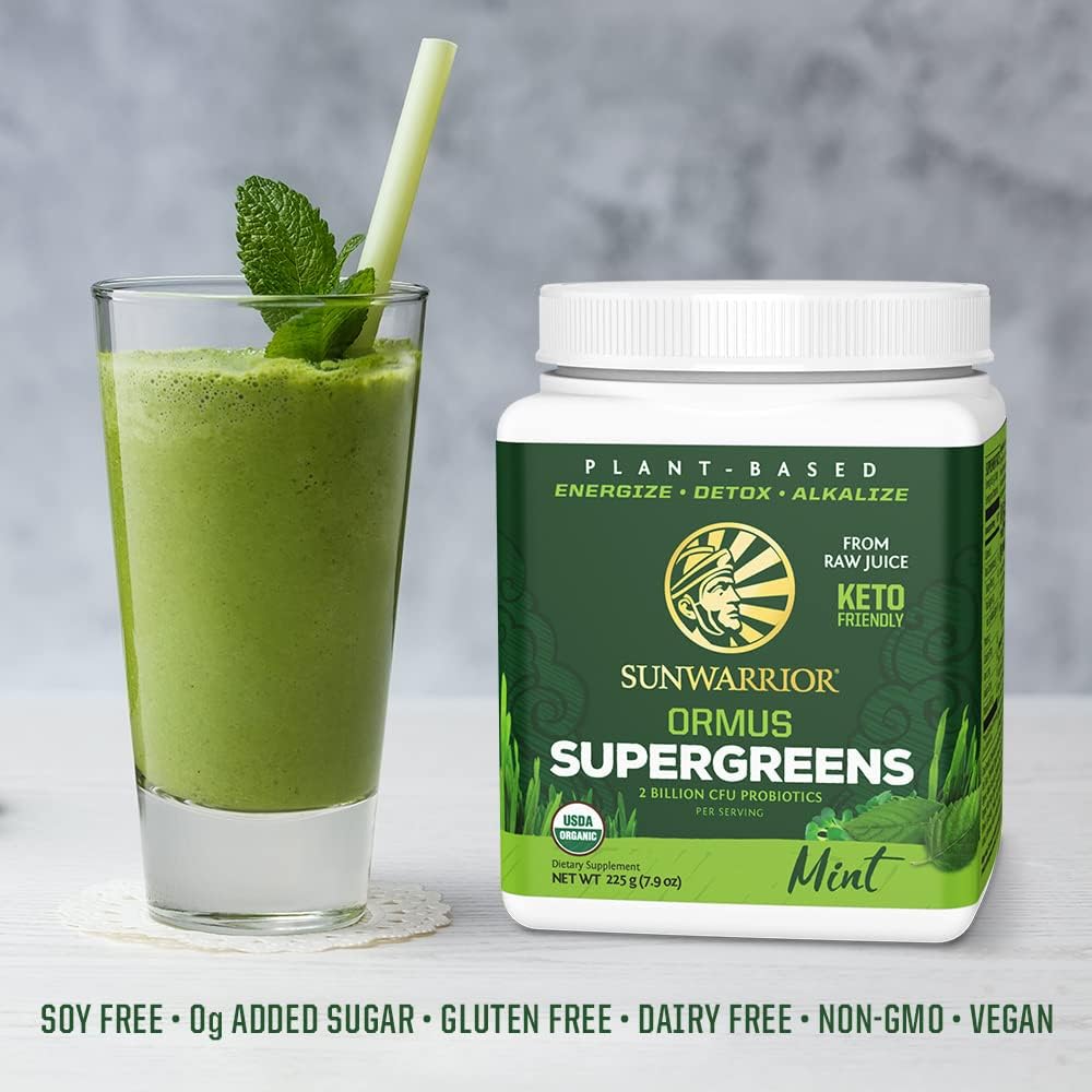Sunwarrior Mint Organic Greens Probiotic Powder | 2 Billion CFU Probiotics | Raw Juice, Soy Free, Gluten Free, Dairy Free, Sugar Free | 45 Servings | Ormus Supergreens